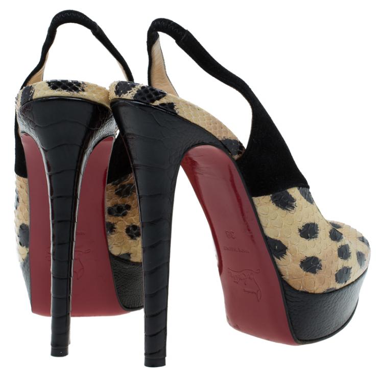 Pre Owned Christian Louboutin Beige Python and Black Suede Stringita Platform Slingback Sandals Size 38
