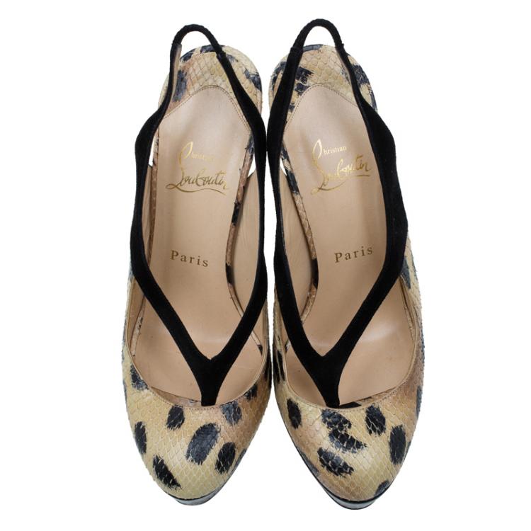 Pre Owned Christian Louboutin Beige Python and Black Suede Stringita Platform Slingback Sandals Size 38