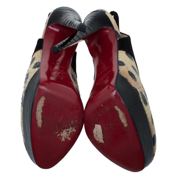 Pre Owned Christian Louboutin Beige Python and Black Suede Stringita Platform Slingback Sandals Size 38