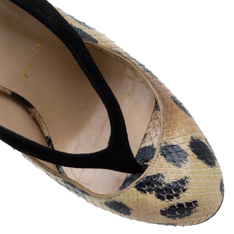 Pre Owned Christian Louboutin Beige Python and Black Suede Stringita Platform Slingback Sandals Size 38