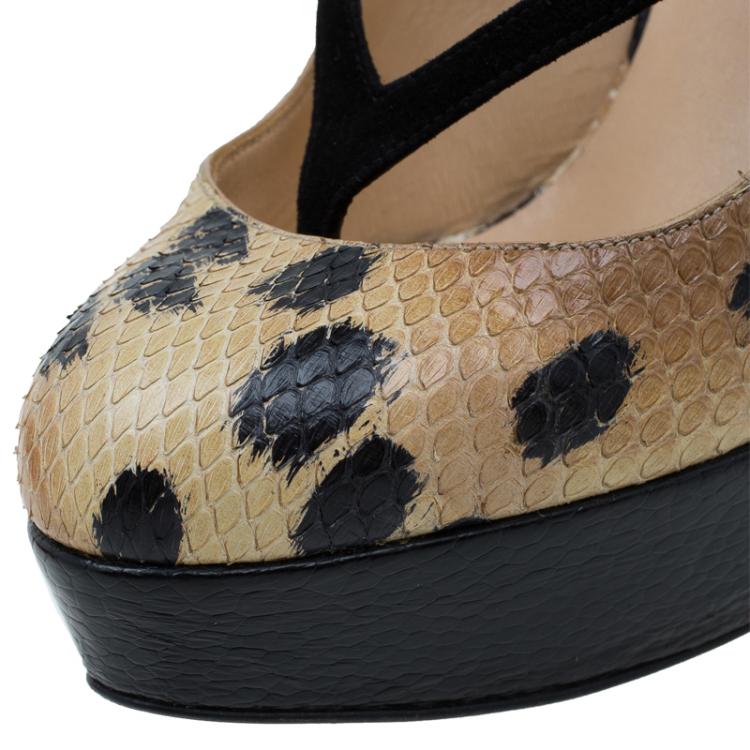 Pre Owned Christian Louboutin Beige Python and Black Suede Stringita Platform Slingback Sandals Size 38