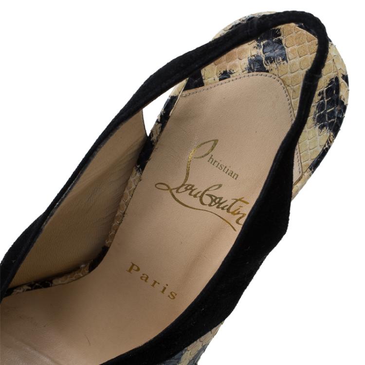 Pre Owned Christian Louboutin Beige Python and Black Suede Stringita Platform Slingback Sandals Size 38