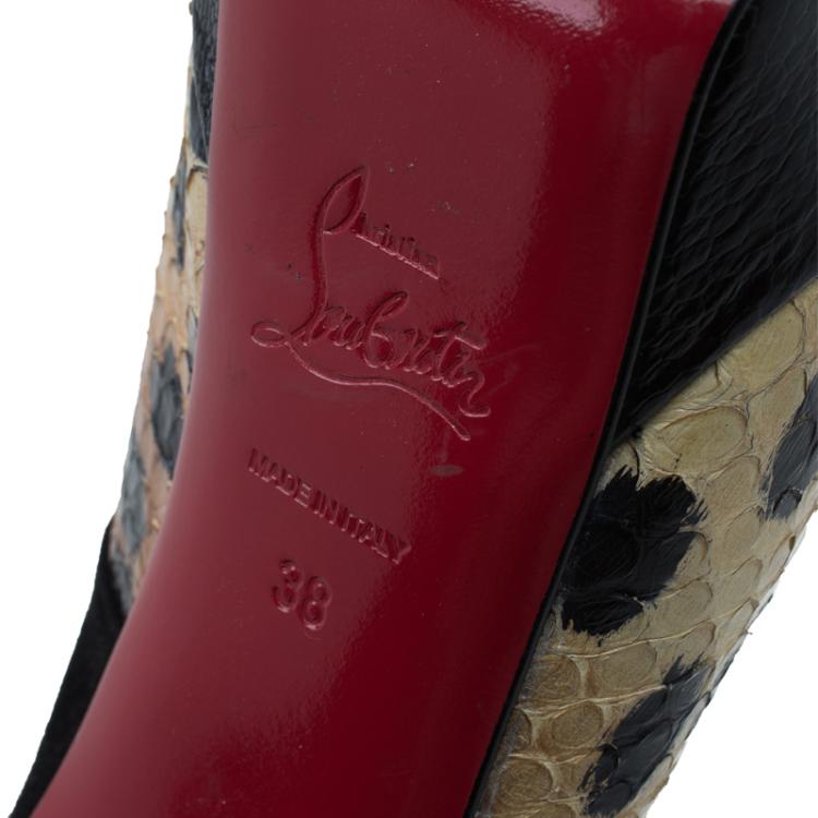 Pre Owned Christian Louboutin Beige Python and Black Suede Stringita Platform Slingback Sandals Size 38