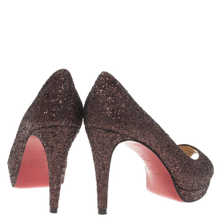 Pre Owned Christian Louboutin Brown Glitter Altadama Peep Toe Platform Pumps Size 39