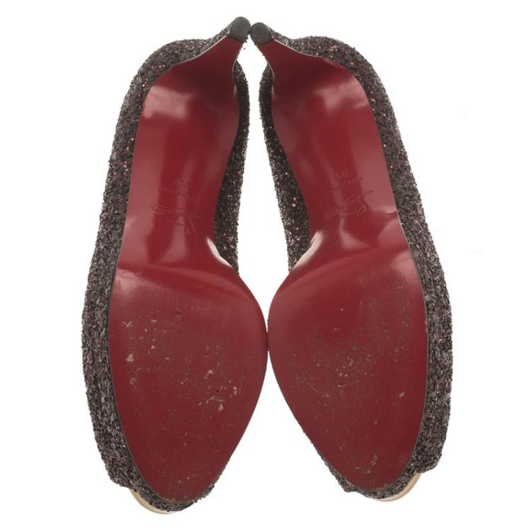 Pre Owned Christian Louboutin Brown Glitter Altadama Peep Toe Platform Pumps Size 39