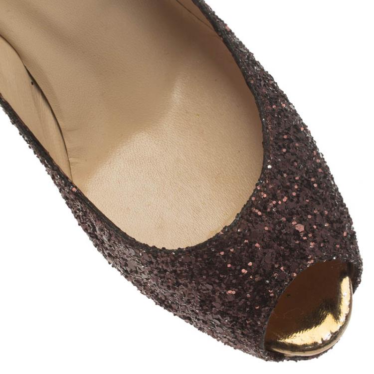 Pre Owned Christian Louboutin Brown Glitter Altadama Peep Toe Platform Pumps Size 39