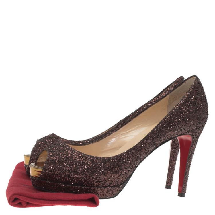 Pre Owned Christian Louboutin Brown Glitter Altadama Peep Toe Platform Pumps Size 39
