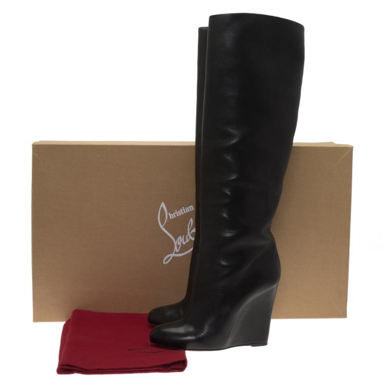 Pre Owned Christian Louboutin Black Leather Zepita Wedge Knee Boots Size 40
