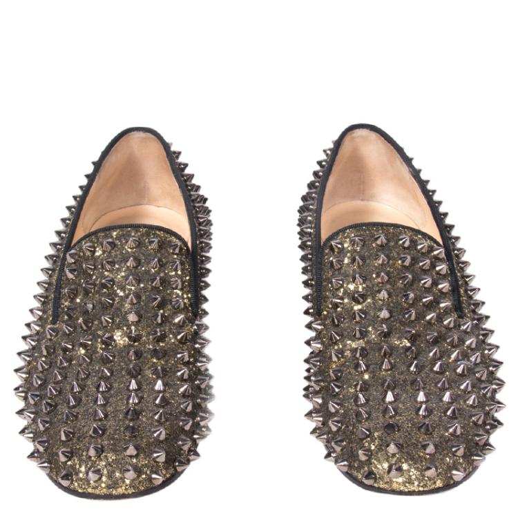 Pre Owned Christian Louboutin Gold Glitter Rolling Spikes Smoking Slippers Size 37