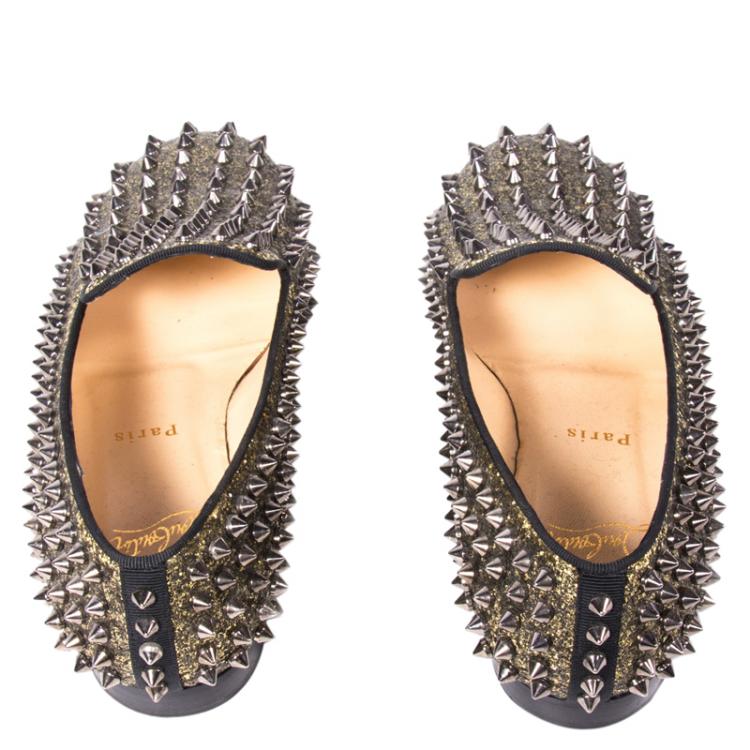 Pre Owned Christian Louboutin Gold Glitter Rolling Spikes Smoking Slippers Size 37