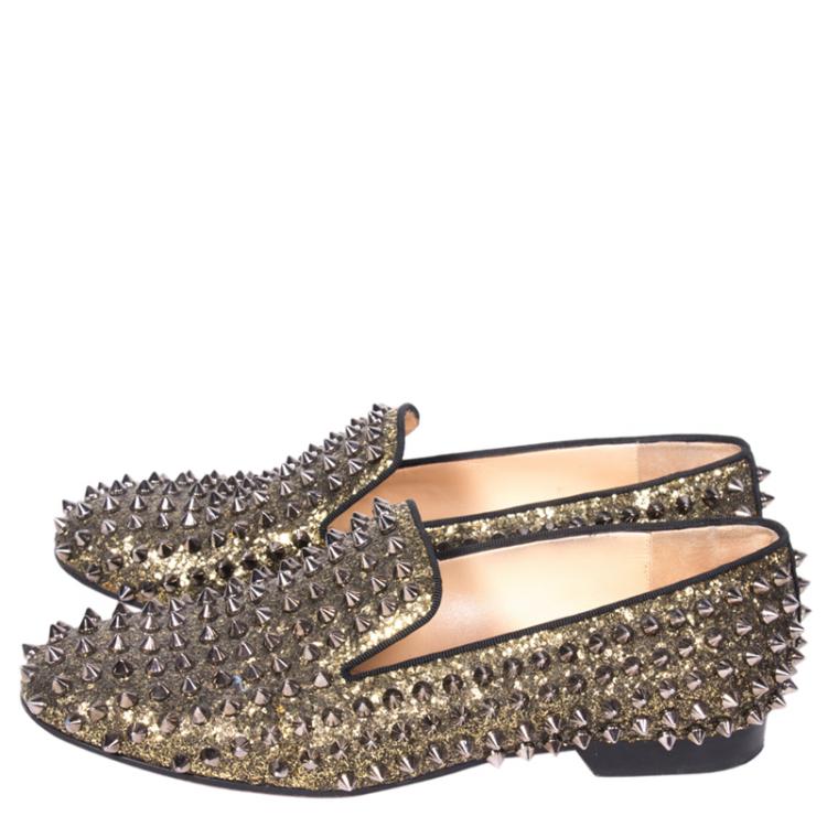 Pre Owned Christian Louboutin Gold Glitter Rolling Spikes Smoking Slippers Size 37