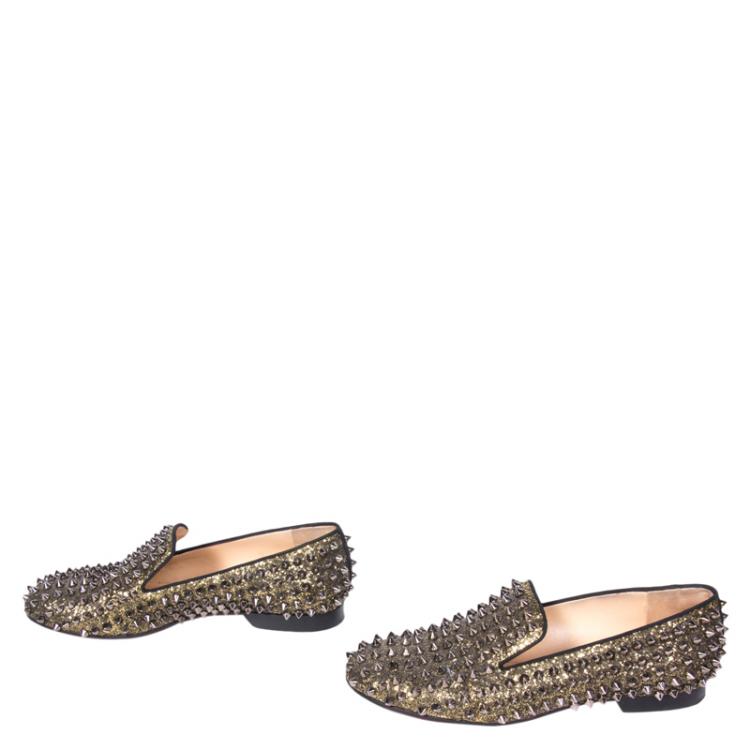 Pre Owned Christian Louboutin Gold Glitter Rolling Spikes Smoking Slippers Size 37