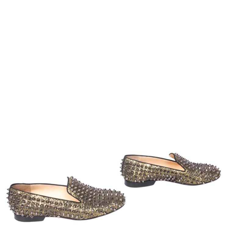 Pre Owned Christian Louboutin Gold Glitter Rolling Spikes Smoking Slippers Size 37