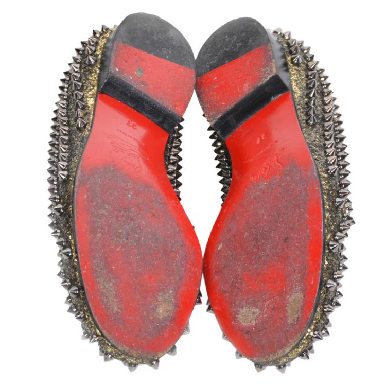 Pre Owned Christian Louboutin Gold Glitter Rolling Spikes Smoking Slippers Size 37