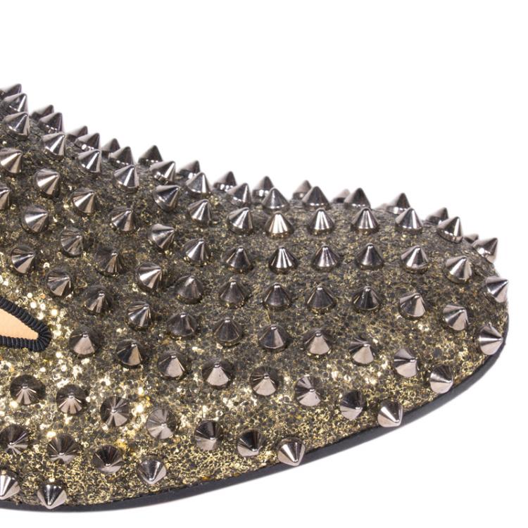 Pre Owned Christian Louboutin Gold Glitter Rolling Spikes Smoking Slippers Size 37