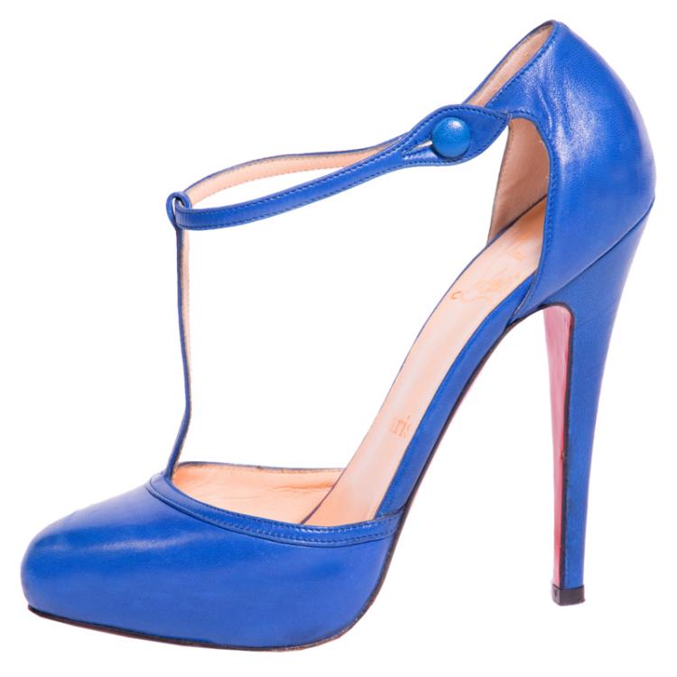 Pre Owned Christian Louboutin Blue Leather Catwoman T Strap Pumps Size 36