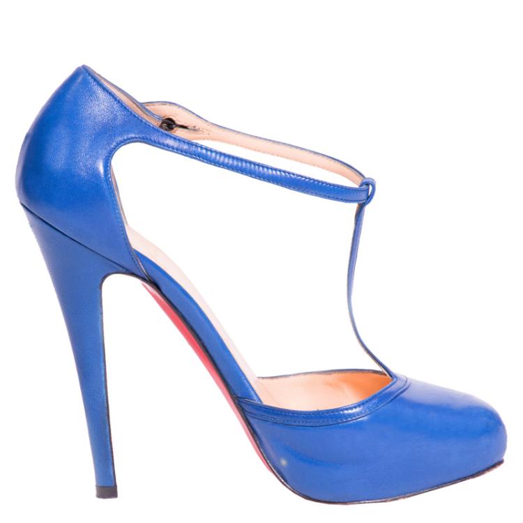 Pre Owned Christian Louboutin Blue Leather Catwoman T Strap Pumps Size 36