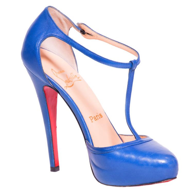 Pre Owned Christian Louboutin Blue Leather Catwoman T Strap Pumps Size 36