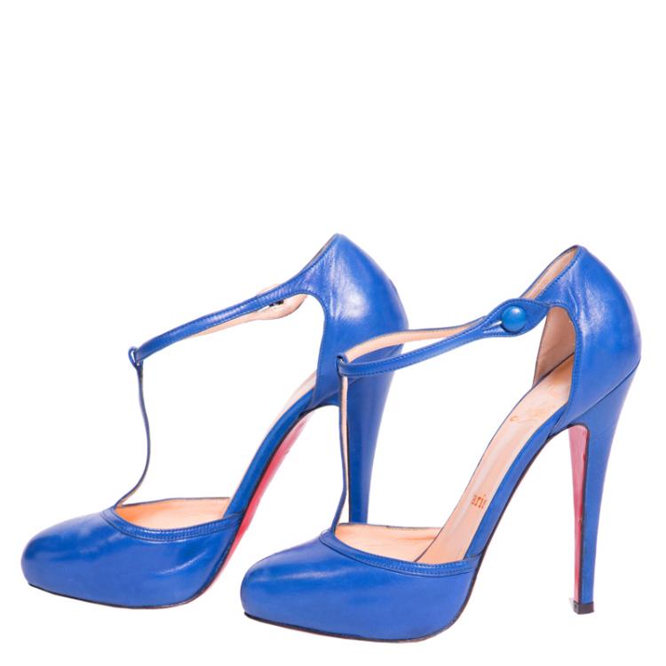 Pre Owned Christian Louboutin Blue Leather Catwoman T Strap Pumps Size 36