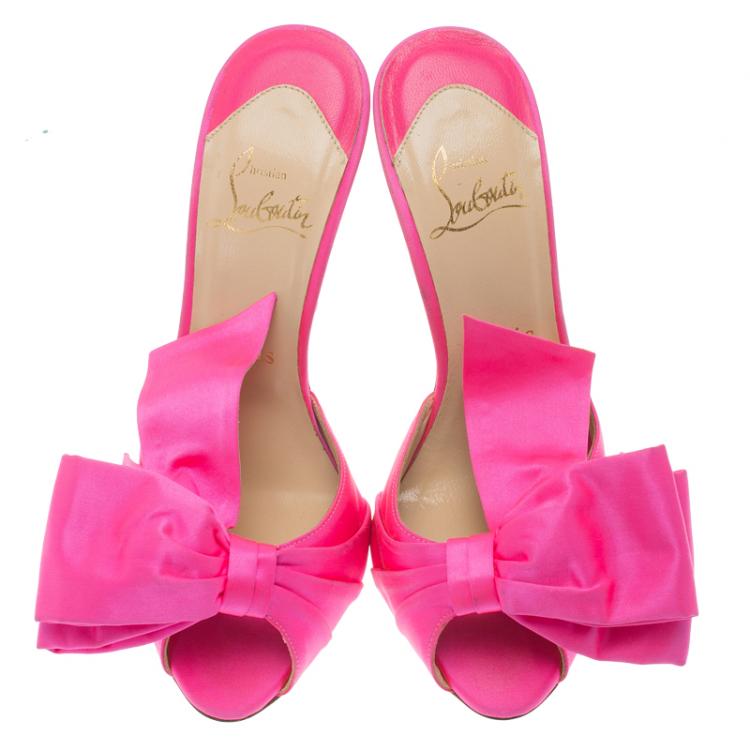 Pre Owned Christian Louboutin Pink Satin Dorcet Bow Mules Size 35.5