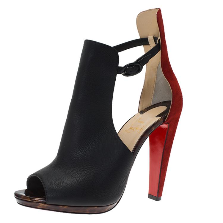 Pre Owned Christian Louboutin Black Leather and Suede Barabara Cutout Ankle Boots Size 39.5