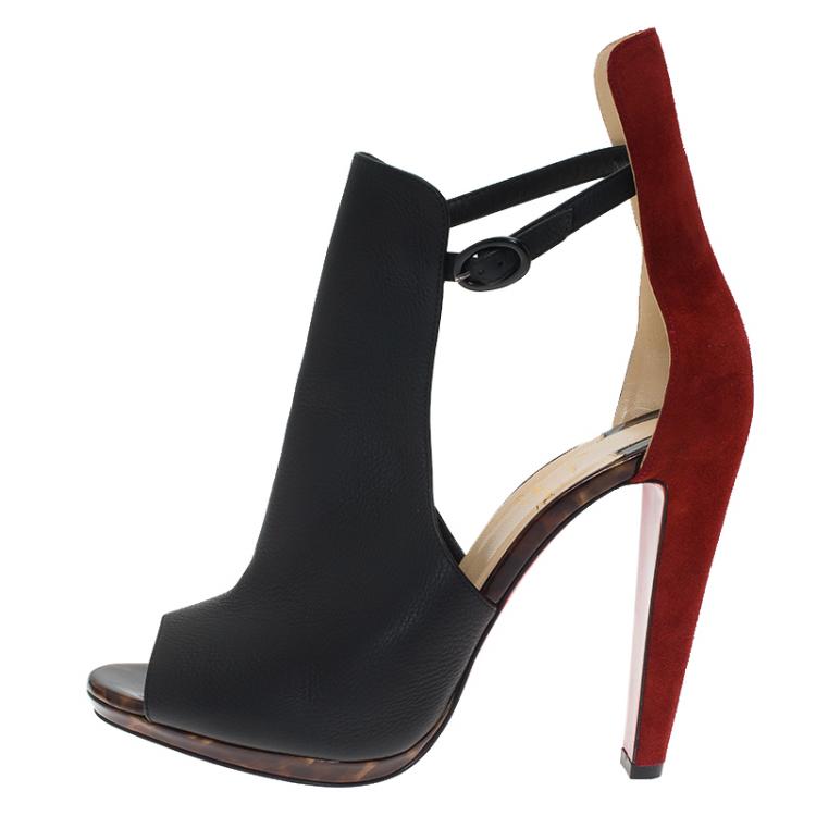 Pre Owned Christian Louboutin Black Leather and Suede Barabara Cutout Ankle Boots Size 39.5