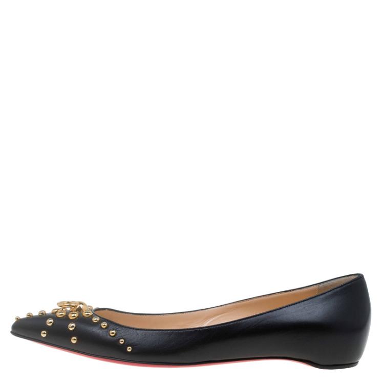 Pre Owned Christian Louboutin Black Leather Door Knock Studded Ballet Flats Size 38