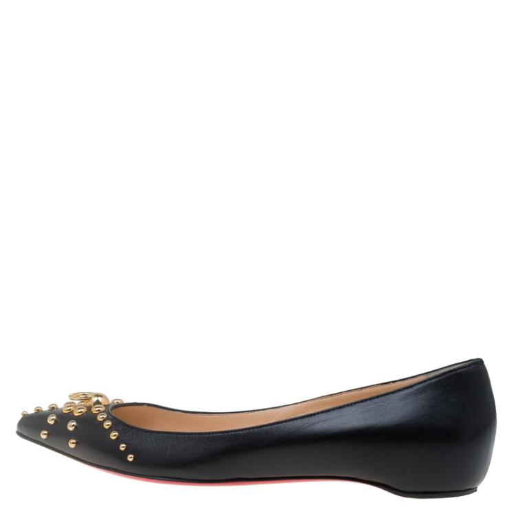 Pre Owned Christian Louboutin Black Leather Door Knock Studded Ballet Flats Size 38