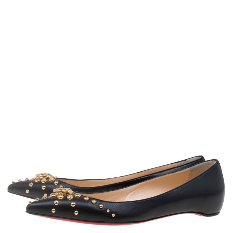Pre Owned Christian Louboutin Black Leather Door Knock Studded Ballet Flats Size 38
