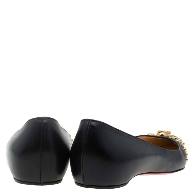 Pre Owned Christian Louboutin Black Leather Door Knock Studded Ballet Flats Size 38