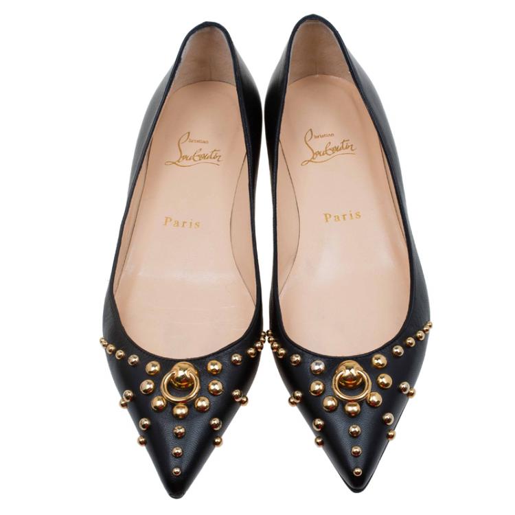 Pre Owned Christian Louboutin Black Leather Door Knock Studded Ballet Flats Size 38