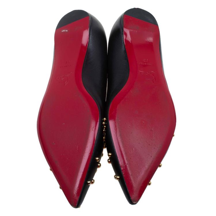 Pre Owned Christian Louboutin Black Leather Door Knock Studded Ballet Flats Size 38