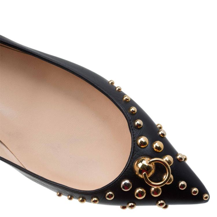 Pre Owned Christian Louboutin Black Leather Door Knock Studded Ballet Flats Size 38