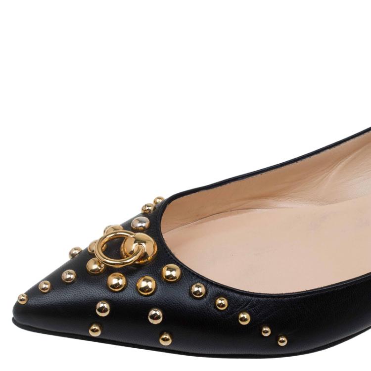 Pre Owned Christian Louboutin Black Leather Door Knock Studded Ballet Flats Size 38