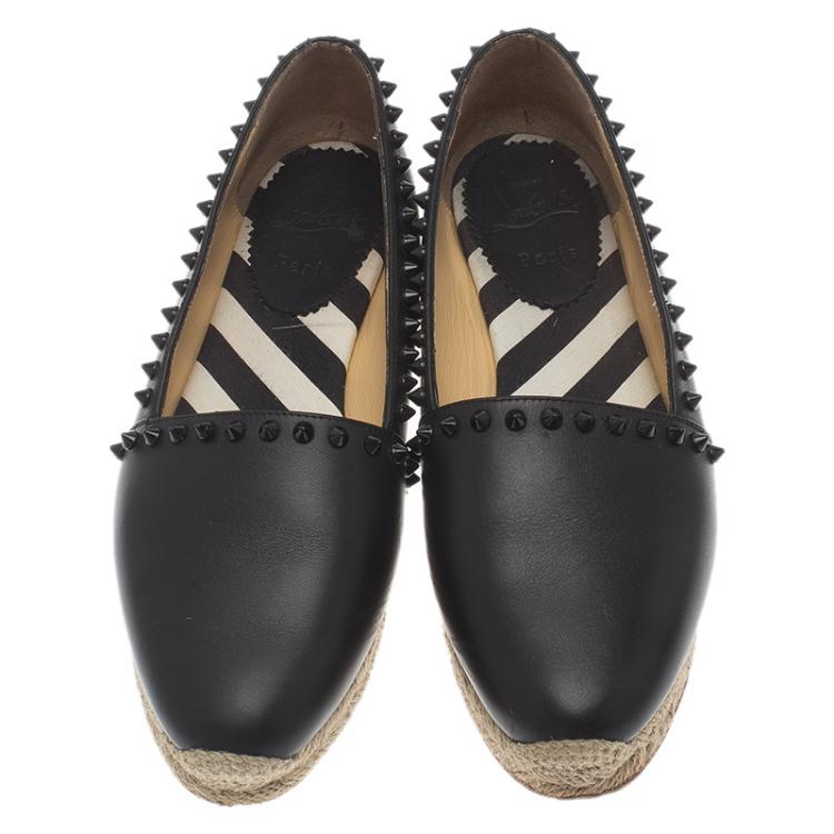 Pre Owned Christian Louboutin Black Leather Spikes Ares Espadrilles Flats Size 39