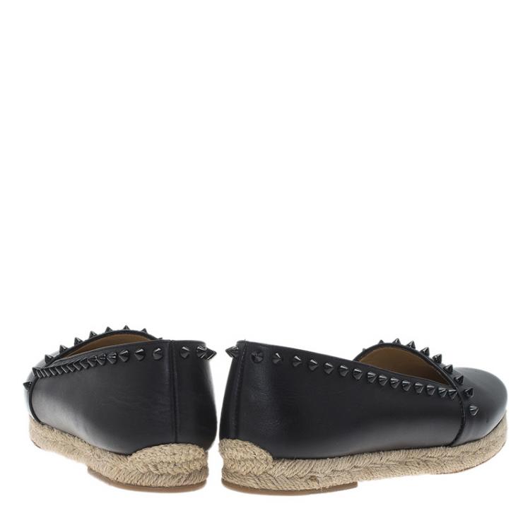 Pre Owned Christian Louboutin Black Leather Spikes Ares Espadrilles Flats Size 39
