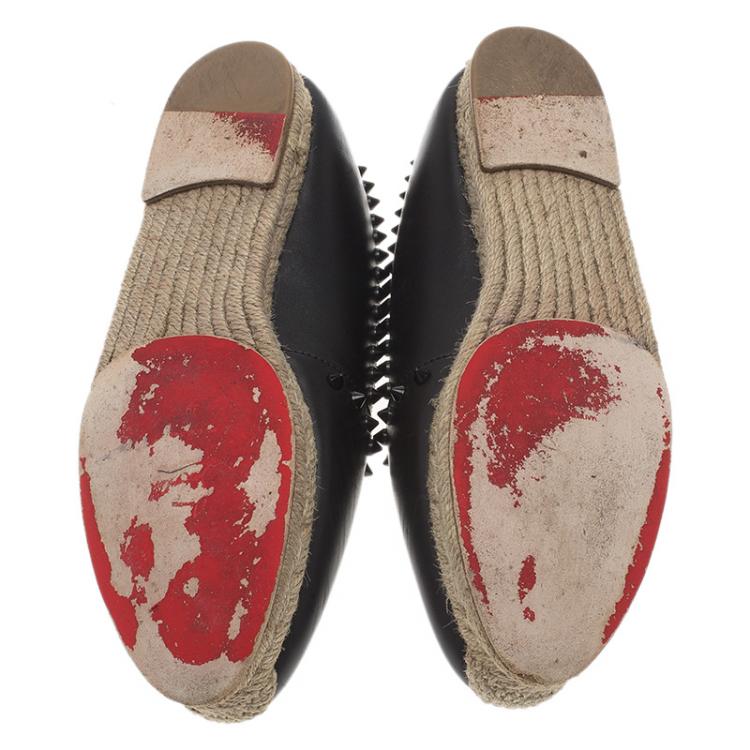 Pre Owned Christian Louboutin Black Leather Spikes Ares Espadrilles Flats Size 39