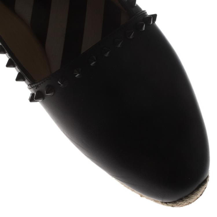 Pre Owned Christian Louboutin Black Leather Spikes Ares Espadrilles Flats Size 39