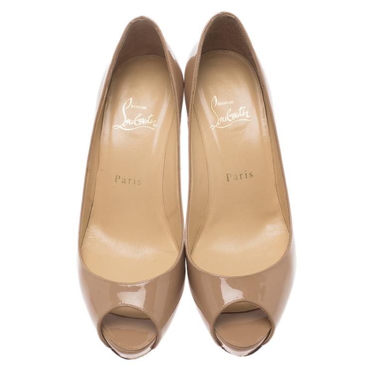 Pre Owned Christian Louboutin Beige Patent No Matter Peep Toe Pumps Size 37
