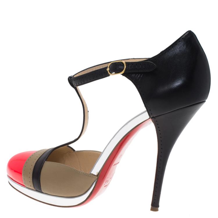 Pre Owned Christian Louboutin Tri Color Leather T Strap Pumps Size 40