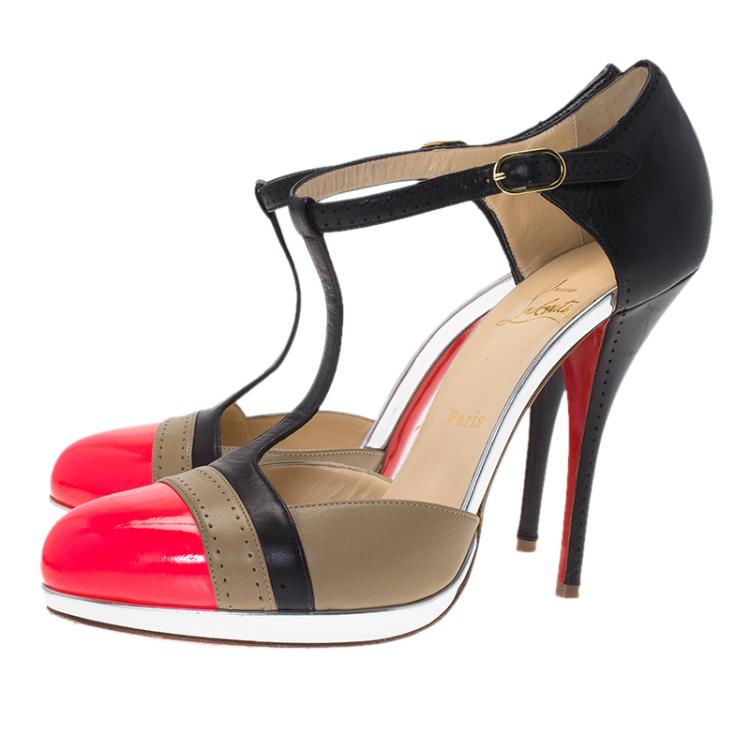 Pre Owned Christian Louboutin Tri Color Leather T Strap Pumps Size 40