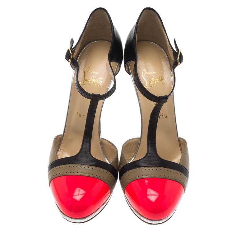 Pre Owned Christian Louboutin Tri Color Leather T Strap Pumps Size 40