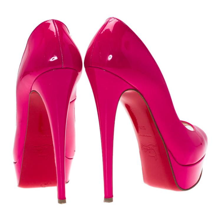 Pre Owned Christian Louboutin Hot Pink Patent Lady Peep Toe Platform Pumps Size 37.5