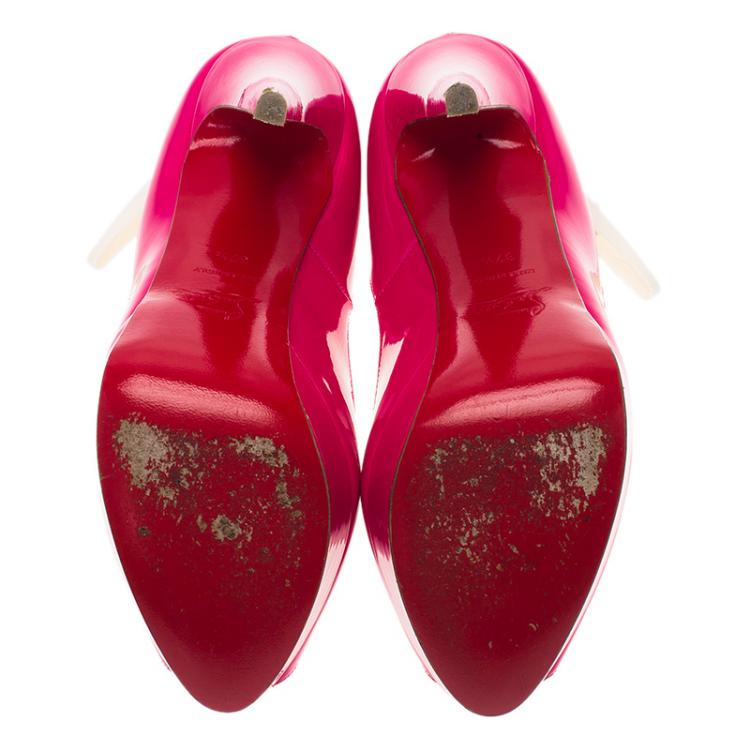 Pre Owned Christian Louboutin Hot Pink Patent Lady Peep Toe Platform Pumps Size 37.5