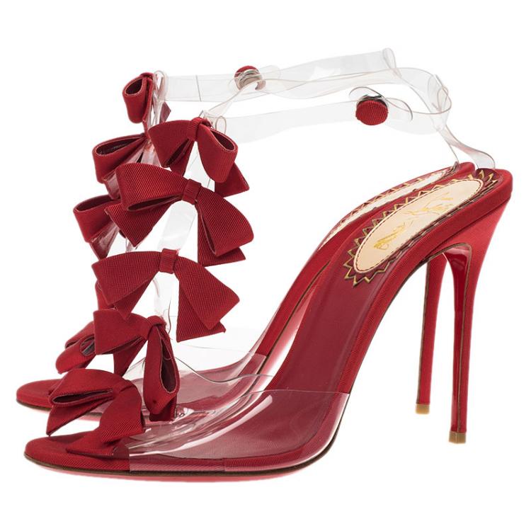 مملوكة مسبقًا Christian Louboutin Red Satin and PVC Bow Bow Slingback Sandals Size 39