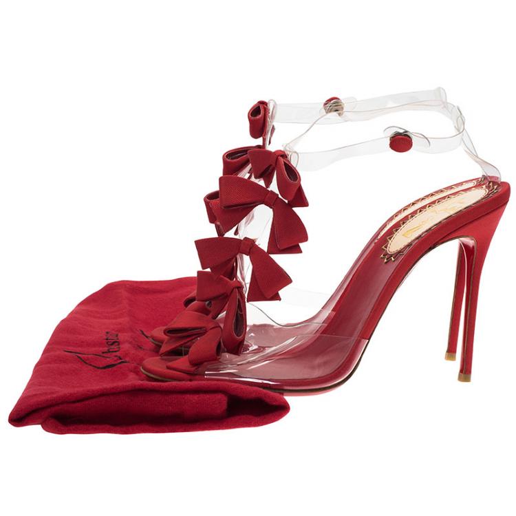 مملوكة مسبقًا Christian Louboutin Red Satin and PVC Bow Bow Slingback Sandals Size 39