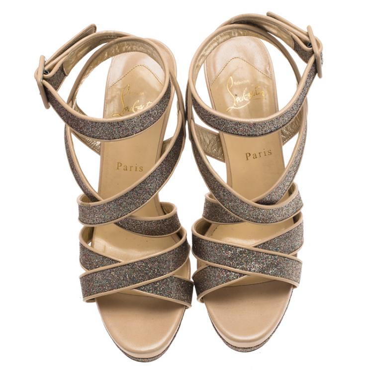 Pre Owned Christian Louboutin Silver Glitter Straratata Strappy Platform Sandals Size 39