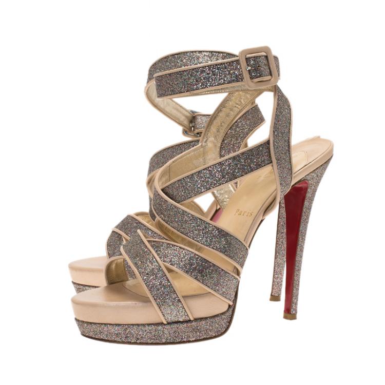 Pre Owned Christian Louboutin Silver Glitter Straratata Strappy Platform Sandals Size 39