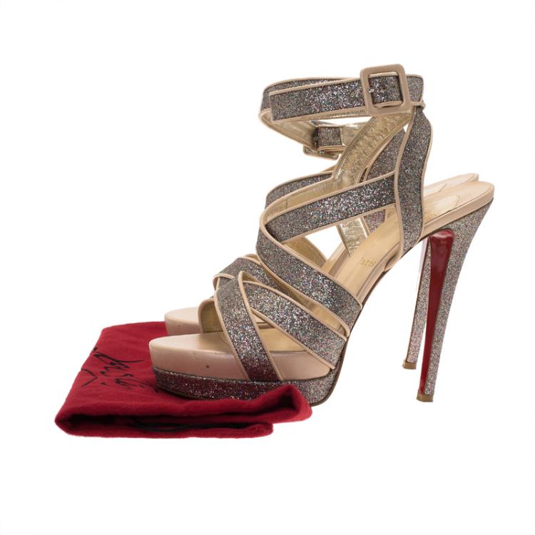Pre Owned Christian Louboutin Silver Glitter Straratata Strappy Platform Sandals Size 39