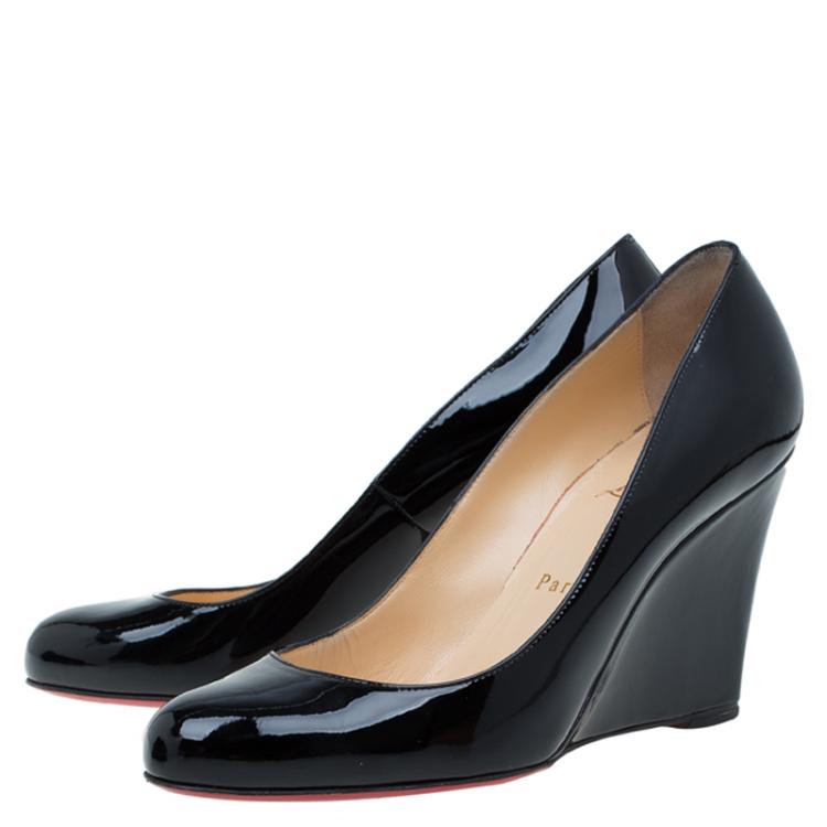 Pre Owned Christian Louboutin Black Patent RonRon Zeppa Wedge Pumps Size 38.5